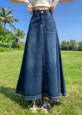 Moderne blaue Patchwork-Jeansröcke mit hoher Taille und Taschen in A-Linie